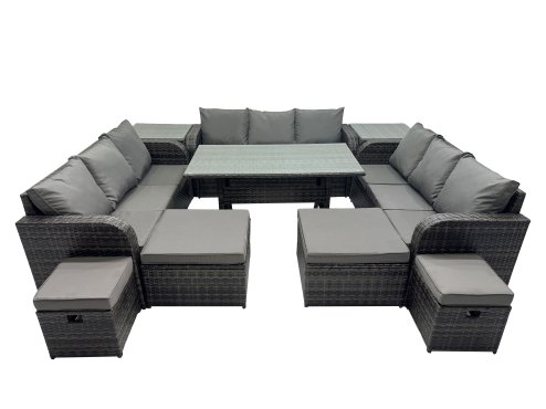 Fimous 13 Seater Garden Outdoor Rattan Furniture Set Rattan Sofa Oblong Dining Table with 2 Side Table 4 Footstools Dark Grey
