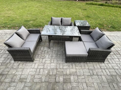 Fimous 7 Seater Rattan Wicker Garden Furniture Patio Conservatory Sofa Set Indoor Outdoor with Dining Table Double Seat Sofa Big Footstool Side Table
