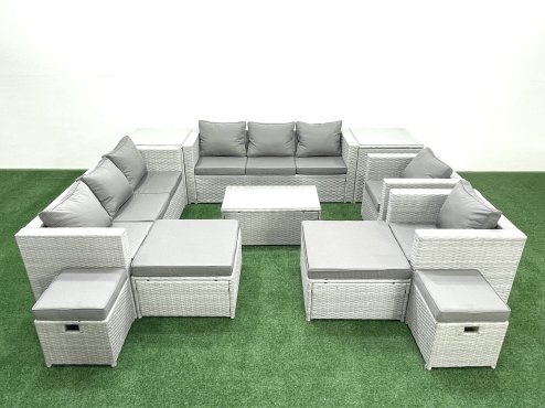 Fimous 11 Pieces Rattan Garden Furniture Set Outdoor Garden Sofa Chair Coffee Table Set with 4 Footstools 2 Side Tables Light Grey Mixed