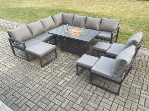 Fimous Aluminium 12 Seater Lounge Corner Sofa Outdoor Garden Furniture Sets Gas Fire Pit Dining Table Set with 3 Footstools Dark Grey