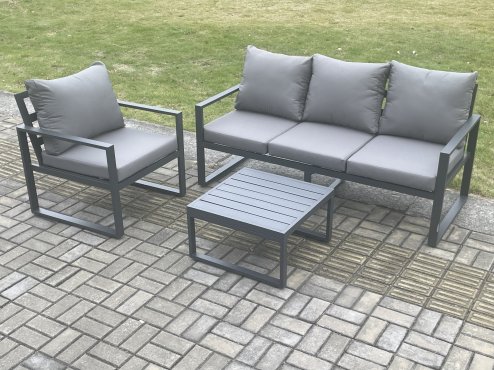 Fimous Aluminium Outdoor Garden Furniture Set Lounge Sofa Chairs Square Coffee Table Sets Conservatory Set Dark Grey