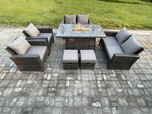 Fimous Wicker PE Rattan Garden Furniture Sets Patio Outdoor Gas Firepit Dining Table Heater Set with Double Seat Sofa 2 Small Footstools Dark Grey Mixed