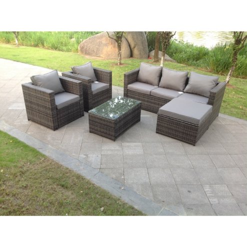 Fimous 6 Seats Rattan Sofa Set Oblong Coffee Table Chair Set Outdoor Garden Furniture In Dark Grey