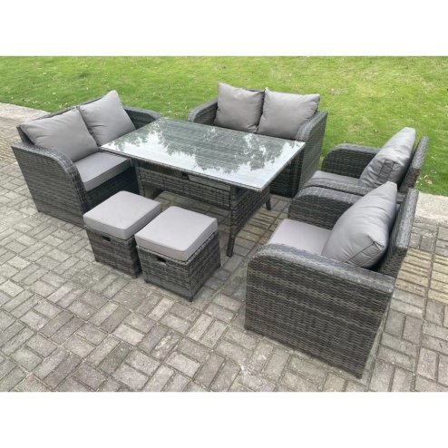 Fimous 8 Seater Dark Grey PE Wicker Rattan Garden Furniture Set Reclining Chair 2 Seater Love Sofa Set Outdoor Rectangular Dining Table 2 Stools