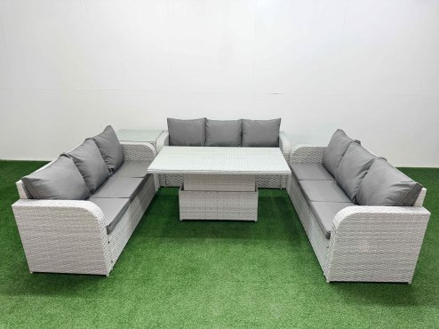 Fimous PE Rattan Lounge Sofa Set 9 Seater Outdoor Garden Furniture Set with Adjustable Lifting Dining or Coffee Table 3 Seater Sofa Side Table Light Grey