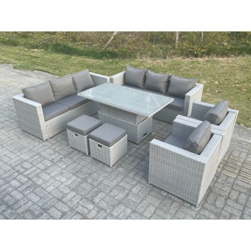 Fimous Rattan Garden Funiture Set Adjustable Rising Lifting Table Sofa Dining Set Lounge Sofa 2 Arm Chair Stool