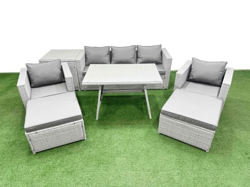 Fimous 8 Pieces Outdoor PE Rattan Sofa Armchair Set Patio Garden Furniture Sets with Cushions Side Table 2 Big Stools Light Grey