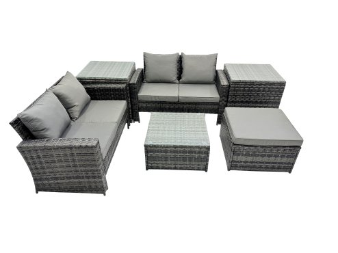 Fimous PE Rattan Garden Furniture Set Lounge Double Seat Sofa Coffee Table Set with 2 Side Tables Big Stool Dark Grey Mixed