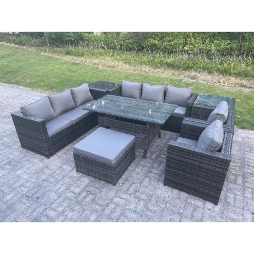 Fimous 9 Seater Outdoor Wicker Garden Furniture Rattan Lounge Sofa Set Patio Rectangular Dining Table with 2 Armchair 2 Side Table Stool Dark Grey Mixed