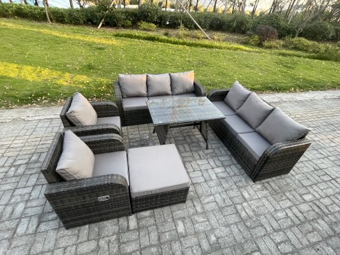 Fimous 9 Seater Rattan Outdoor Garden Furniture Sofa Set Patio Table & Chairs Set with 3 Seater Sofa Rectangular Dining Table Big Footstool Dark Grey Mixed