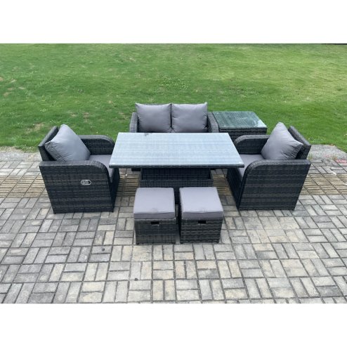 Fimous Outdoor Rattan Garden Furniture Set Height Adjustable Rising lifting Dining Table Love Sofa Chair With Side Table Stools