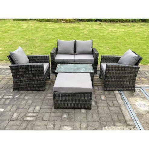 Fimous 5 Seater Dark Grey Mixed High Back Rattan Sofa Set Rectangular Coffee Table Garden Furniture Outdoor Patio