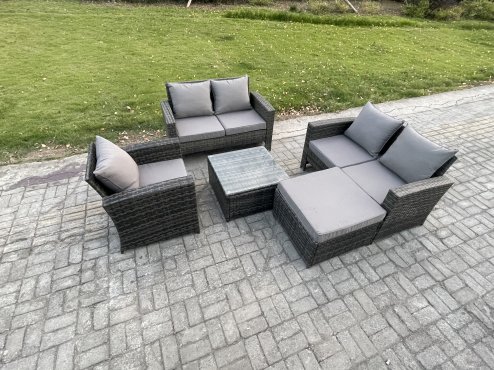 Fimous Outdoor Rattan Garden Furniture Set Conservatory Patio Sofa Coffee Table Set with Chair Big Footstool Dark Grey Mixed