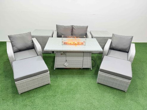 Fimous Light Grey PE Wicker Rattan Garden Furniture Set Sofa Set Reclining Chair Firepit Dining Table 6 Seater 2 Big Stools 2 Side Table