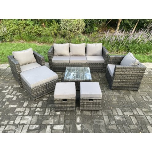 Fimous Wicker Rattan Garden Furniture Sofa Set with Armchair Square Coffee Table 3 Footstools Dark Grey Mixed