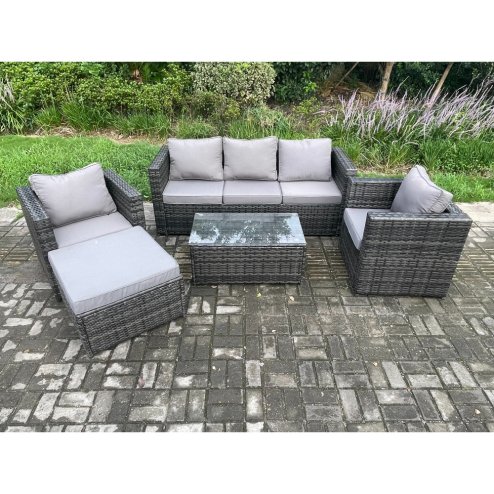 Fimous Rattan Garden Furniture Set with 3 Seater Sofa Coffee Table 2 Armchairs Big Footstool Indoor Outdoor Patio Lounge Sofa Set Dark Grey Mixed
