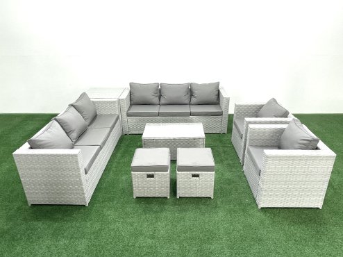 Fimous Outdoor Rattan Sofa Garden Furniture Set with 2 Armchairs Oblong Coffee Table 2 Small Footstools Side Table Light Grey Mixed
