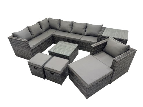 Fimous Rattan Garden Furniture Patio Furniture Sets with Corner Sofa Chair Square Coffee Table Side Table 3 Footstools Dark Grey Mixed