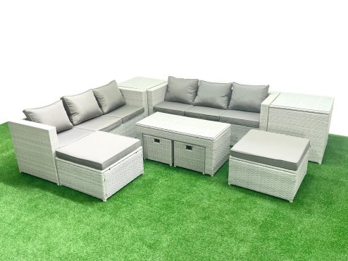 Fimous Outdoor Rattan Garden Furniture Set with Grey Cushions Luxury 10 Seater with Coffee Table and 2 Side Tables For Conservatory,Patio