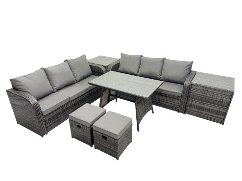Fimous Garden Rattan Outdoor Furniture Set 8 Seater with 3 Seater Sofa 2 Side Table 2 Small Stools Dark Grey