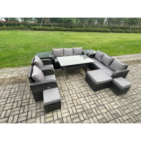 Fimous Outdoor Garden Patio Furniture Wicker Rattan Oblong Rectangular Dining Table and Lounge Sofa set with Adjustable Chair 2 Side Tables 3 Footstool Dark Grey Mixed