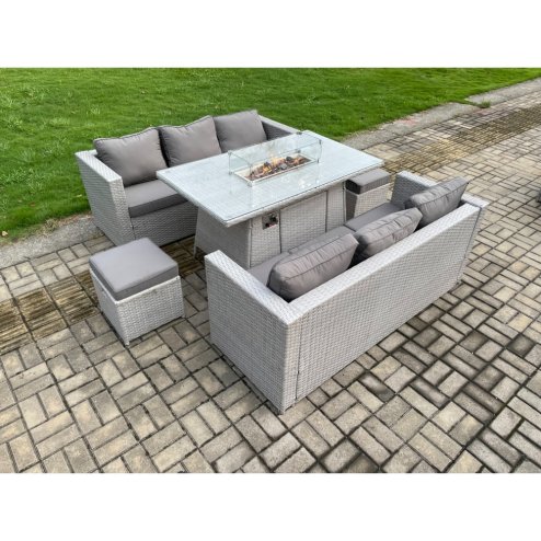 Fimous Garden Dining Sets Outdoor PE Rattan Furniture Gas Fire Pit Dining Table Gas Heater with 2 Small Footstool Light Grey