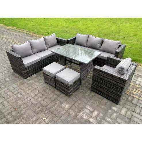 Fimous 9 Seater Wicker PE Rattan Garden Dining Set Outdoor Furniture Sofa with Patio Dining Table Armchair 2 Small Stools Dark Grey Mixed