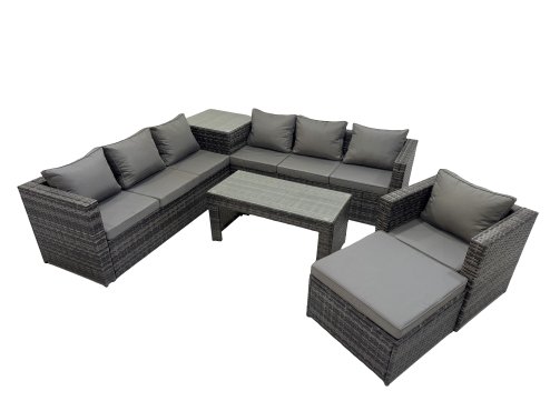 Fimous Garden Rattan Outdoor Furniture Set 8 Seater Patio Corner Sofa Oblong Coffee Table with Chair Big Stool Side Table Dark Grey