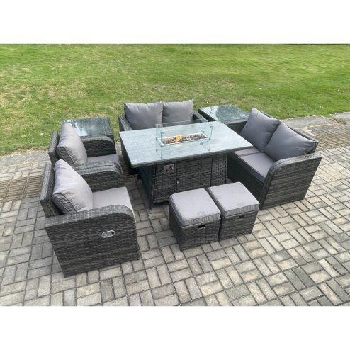 Fimous 8 Seater Rattan Garden Furniture Set Outdoor Propane Gas Fire Pit Table and Sofa Chair set with 2 Side Tables 2 Small Footstools