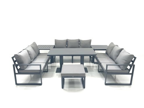 Fimous 10 Seater Garden Sofa Set Aluminium Furniture Rising Dining Tabe Set with 2 Side Tables Big Footstool Dark Grey
