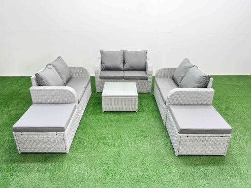Fimous 8 Seater PE Wicker Rattan Furniture Sofa Sets with Square Coffee Table 2 Seater Love Sofa 2 Big Footstool Light Grey