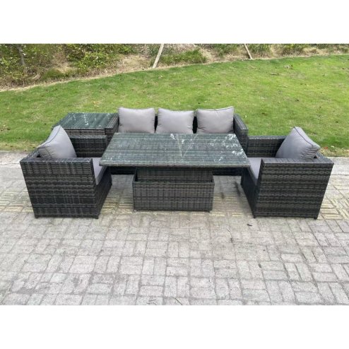 Fimous Outdoor Rattan Garden Furniture Sofa Set Patio Adjustable Rising Lifting Dining Table Set with Side Table 2 Armchairs Dark Grey Mixed