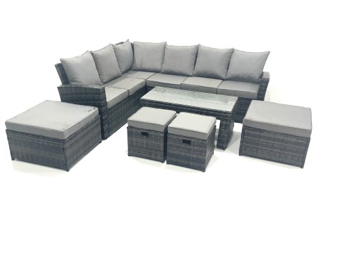 Fimous 10 Seat Rattan Garden Furniture Corner Sofa Set Outdoor Patio Sofa Chair Table Set with 2 Small Footstools 2 Big Footstools Dark Grey Mixed