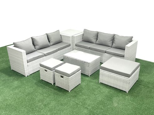 Fimous Garden Outdoor PE Rattan Furniture Set 9 Seater Rattan Garden Sofa Set with 3 Footstools Side Table Light Grey Mixed