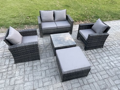 Fimous 5 PCS Outdoor Lounge Sofa Set Wicker PE Rattan Garden Furniture Set with Armchair Square Coffee Table Double Seat Sofa Big Footstool Dark Grey Mixed