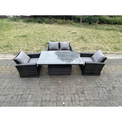 Fimous Rattan Outdoor Furniture Adjustable Rising Lifting Rectangle Dining Table Chairs Two Seater Love Sofa Sets 4 Seater