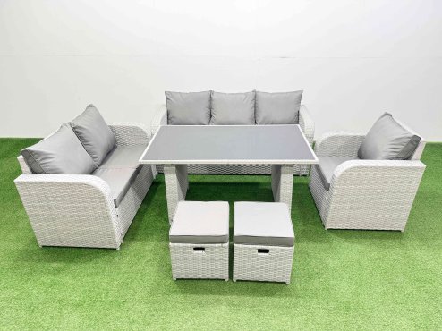 Fimous Rattan Outdoor Table Reclining Chair Sofa Set with 2 Small Stools Light Grey 8 Seater