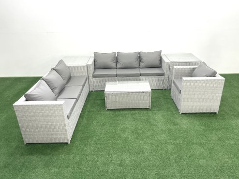Fimous Wicker PE Rattan Sofa Garden Furniture Set with Armchair Oblong Coffee Table 2 Side Tables Light Grey Mixed