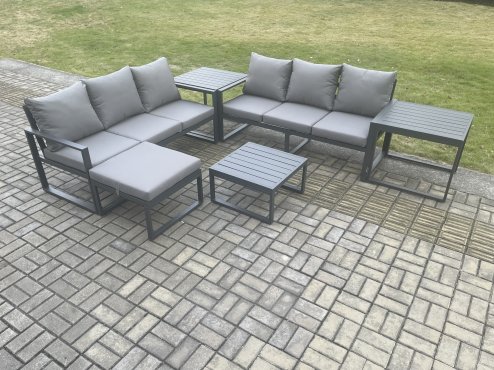 Fimous Aluminium 6 Pieces Garden Furniture Sofa Set with Cushions 7 Seater Outdoor Patio Set with Square Coffee Table Big Footstool 2 Side Tables Dark Grey