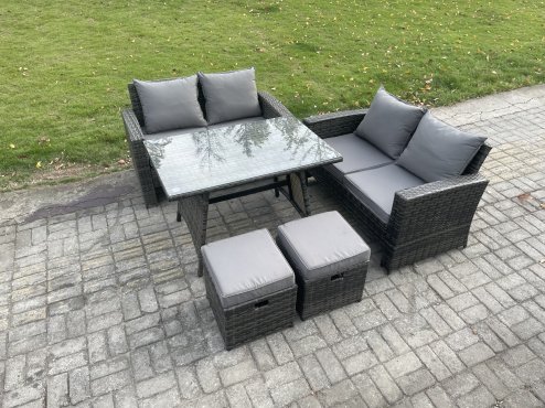 Fimous 6 Seater Wicker PE Rattan Garden Dining Set Outdoor Furniture Sofa with Rectangular Dining Table Double Seat Sofa 2 Small Footstools Dark Grey Mixed
