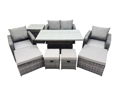 Fimous 8-seater Patio Height Adjustable Rising Lifting Table Sofa Sets Rattan Garden Furniture Dining Set with 2 Big Footstool Side Table Dark Grey Mixed
