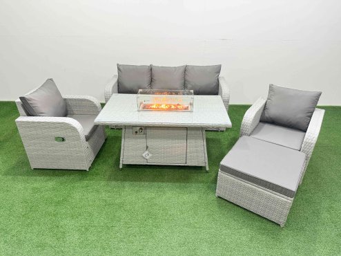 Fimous PE Rattan Garden Furniture Set Reclining Chair Sofa Lounge Sofa Set Firepit Dining Table Big Footstool Light Grey