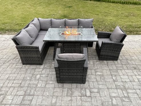 Fimous Rattan Garden Furniture High Back Corner Sofa Gas Fire Pit Dining Table Sets Gas Heater with 2 Armchairs 8 Seater Dark Grey Mixed