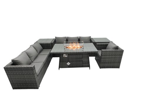 Fimous Rattan Garden Furniture Firepit Dining Set 7 Seater Lounge Sofa Table Set with 2 side table