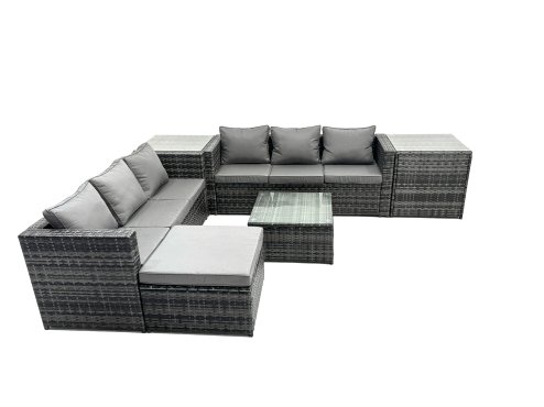 Fimous Outdoor Rattan Garden Furniture Set 7 Seater Patio Lounge Sofa Set with Square Coffee Table 2 Side Table Big Footstool Dark Grey Mixed