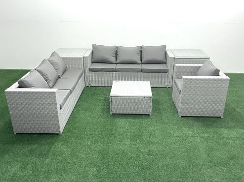 Fimous Wicker PE Rattan Sofa Garden Furniture Set with Armchair Square Coffee Table 2 Side Tables Light Grey Mixed