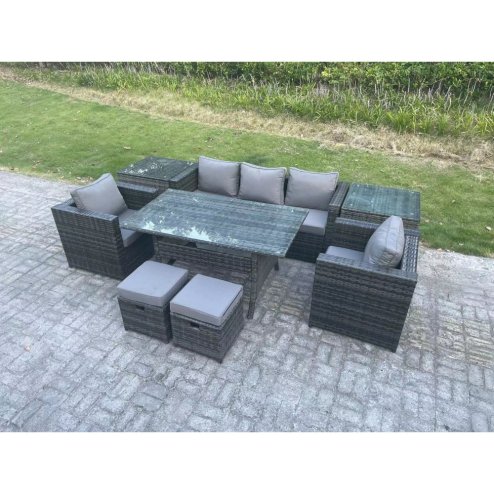 Fimous Outdoor Garden Furniture Set Patio Rattan Rectangular Dining Table Lounge Sofa Chair with 2 Side Table 2 Small Stools Dark Grey Mixed