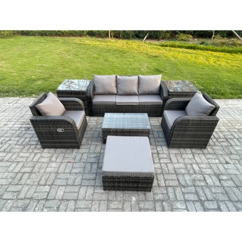 Fimous Outdoor Rattan Garden Furniture Set Patio Lounge Sofa Set with Reclining Chair Rectangular Coffee Table 2 Side Tables Big Footstools Dark Grey Mixed