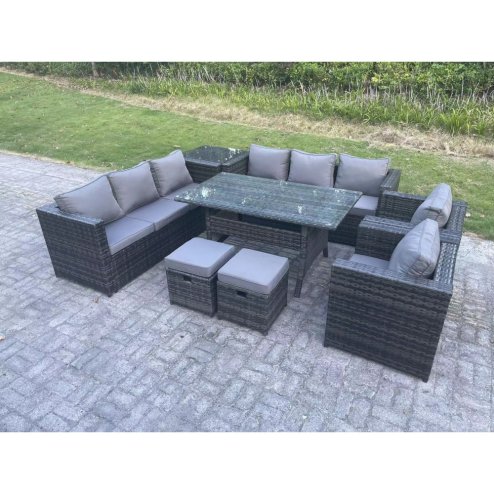 Fimous Outdoor Garden Furniture Rattan Lounge Sofa Set Patio Rectangular Dining Table with 2 Armchair Side Table 2 Small Footstool 10 Seater Dark Grey Mixed