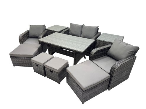Fimous 8 Seat Outdoor Wicker PE Rattan Garden Furniture Set Dining Table Sofa Sets with 4 Stools 2 Side Table Dark Grey Mixed